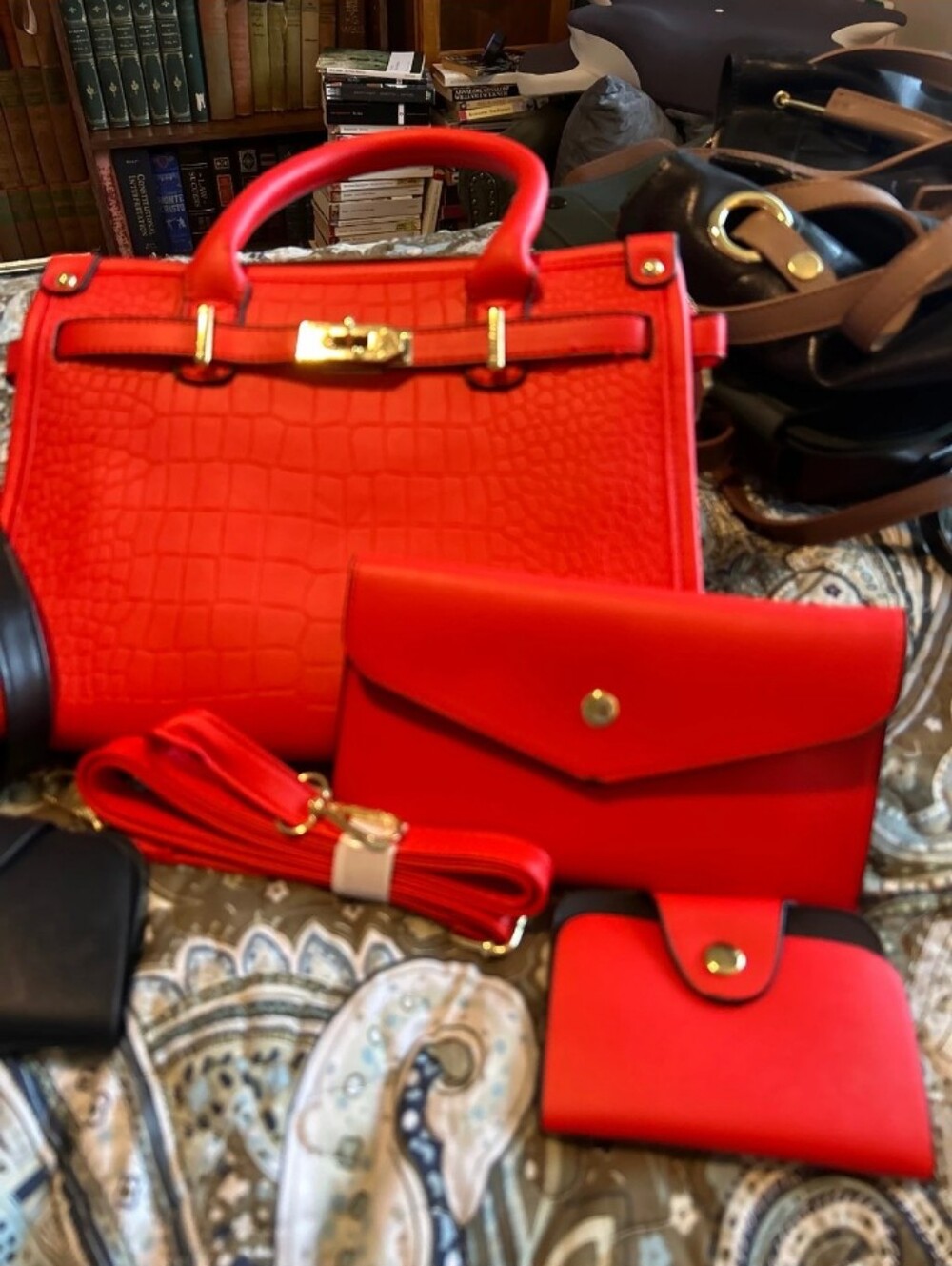 Structured Red Croc-Embossed Top-Handle Satchel with Matching Accessories